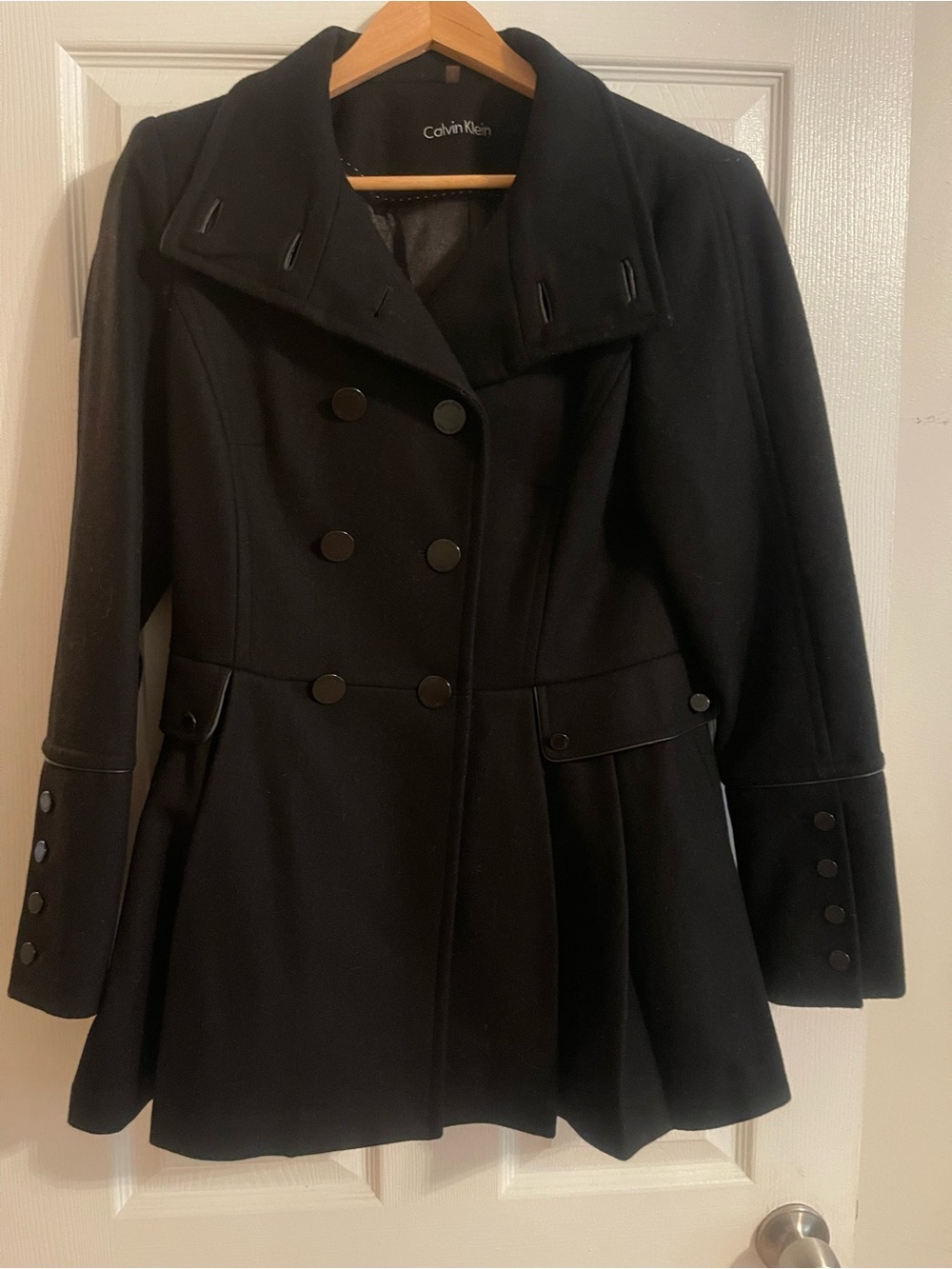 Calvin Klein Black Double-Breasted Pea Coat with Flared Hem